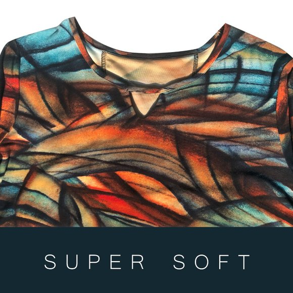 Colorful Abstract jewel tones long sleeve pleated back top super soft v neck L - Picture 3 of 4